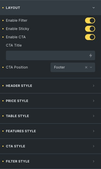 Comparison Table Style settings: Bricks Ultra