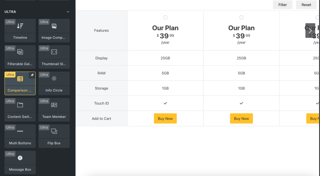 Comparison table: Bricks Builder