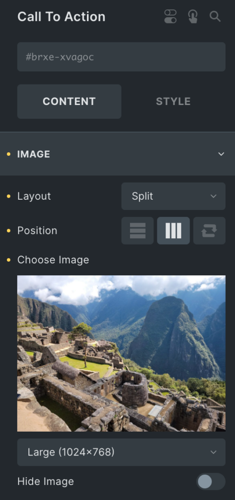 Call To Action: Split Layout Settings