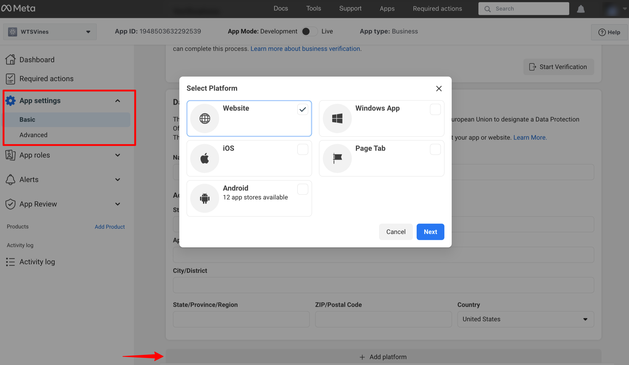 Instagram Access Token: Add Website as Platform