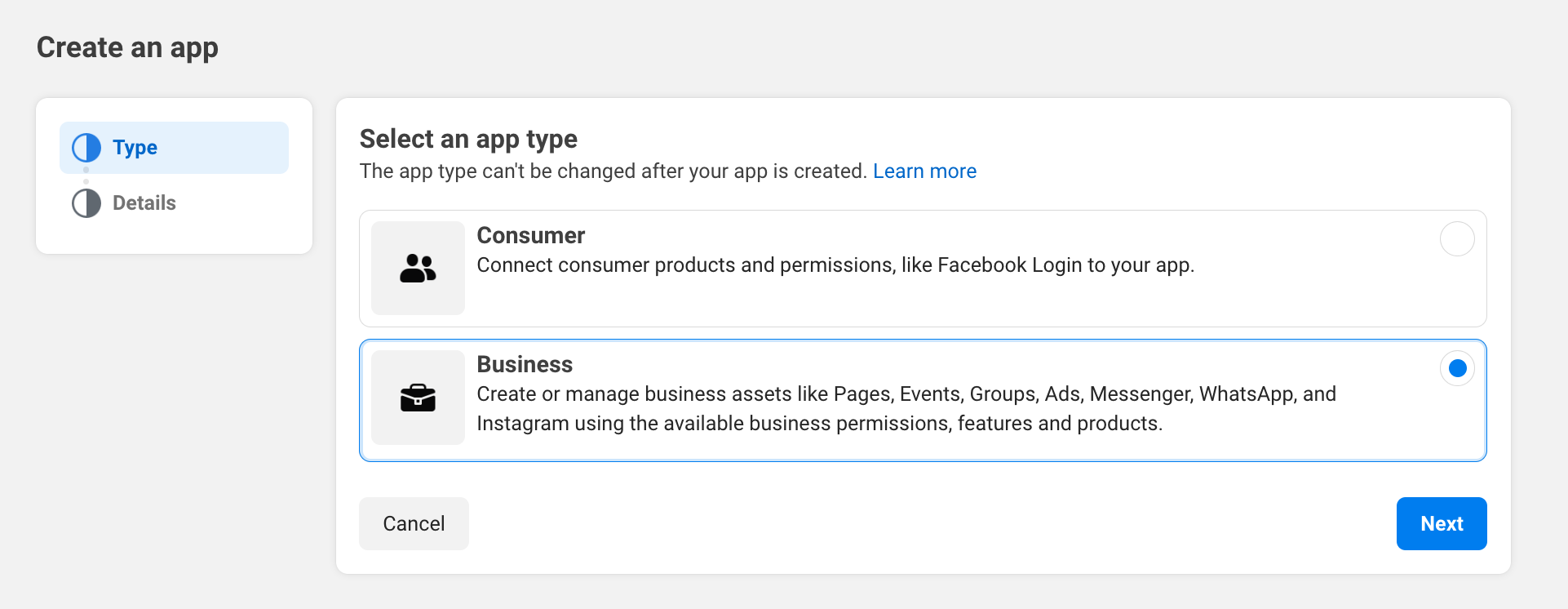 Instagram Access Token: Choose the App Type