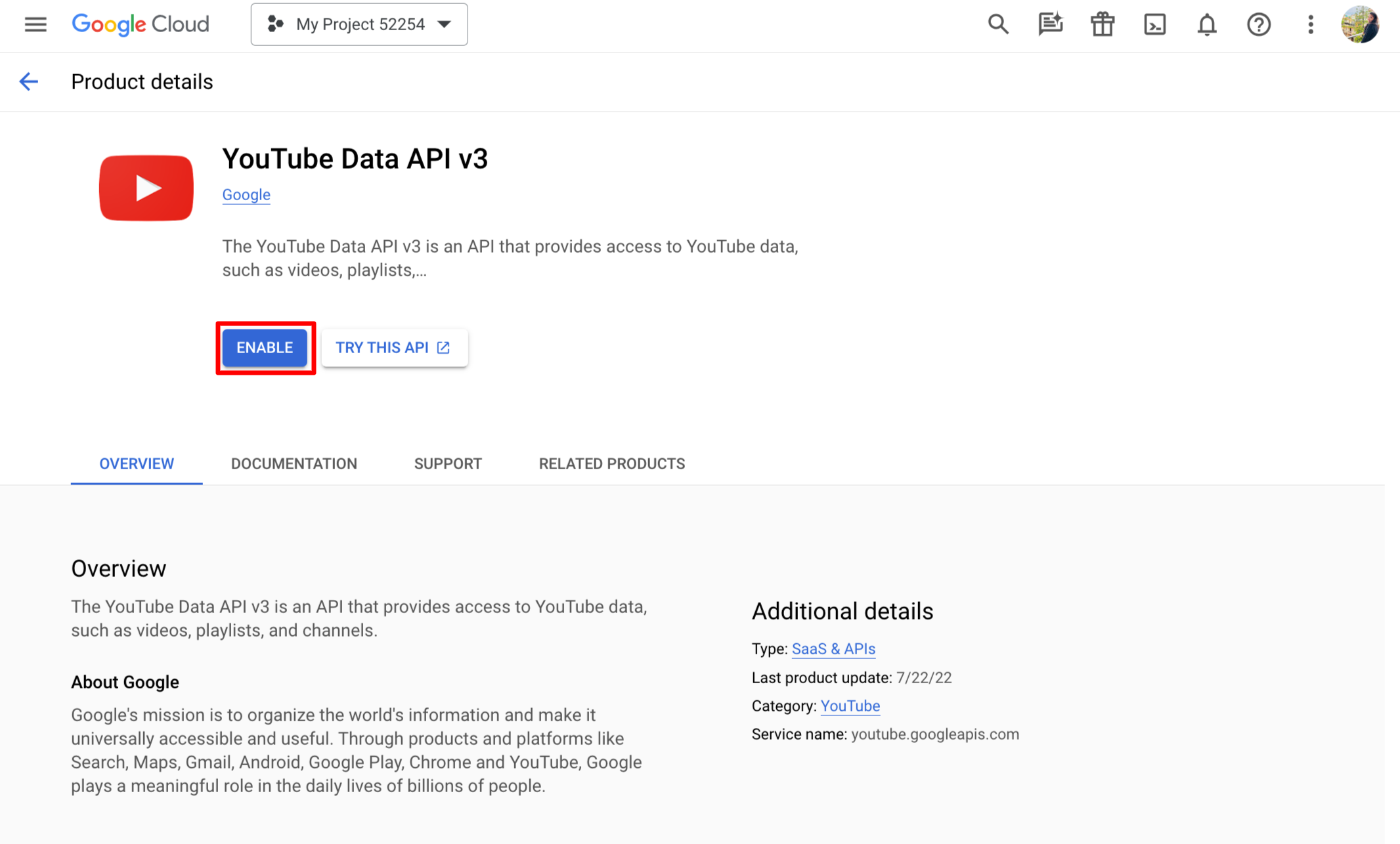 Google Cloud: Enable YouTube API