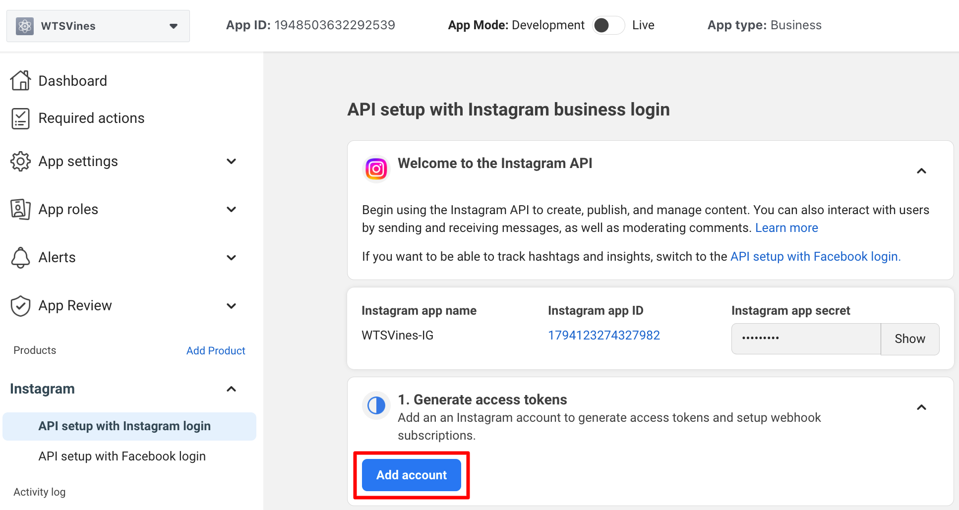 Instagram Access Token: Add Instagram Account